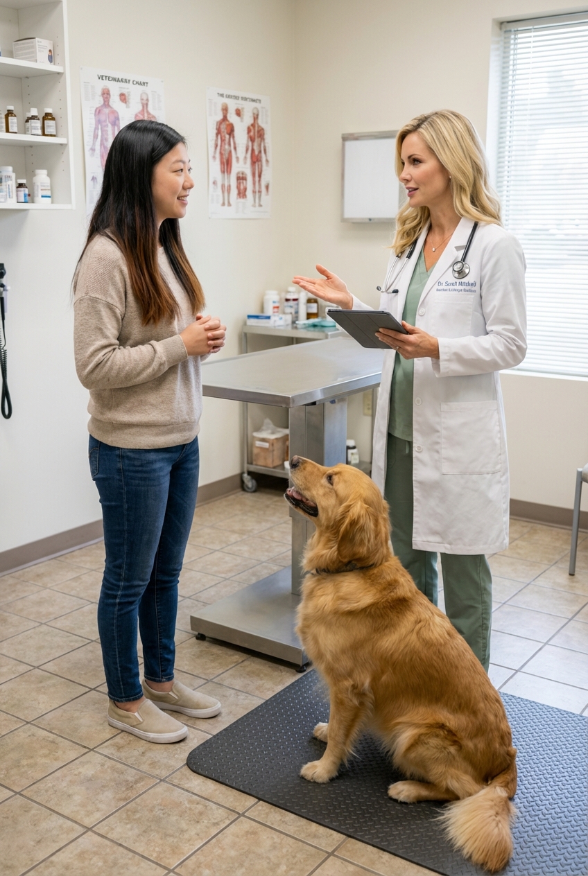 A real photograph of a dog owner speaking with a veterinarian in an exam room while the dog sits on the floor