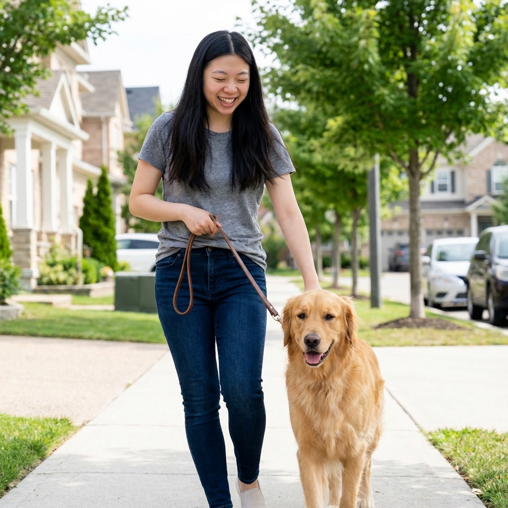 A real photograph of a dog owner walking a medium-sized dog on a leash in a clean neighborhood sidewalk area