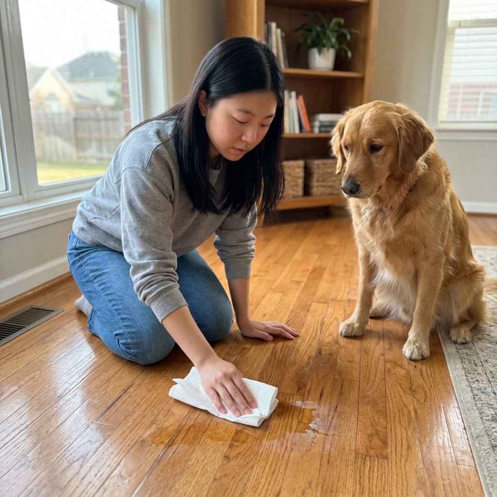 A real photograph of a dog owner wiping up a small spot on a hardwood floor with paper towels