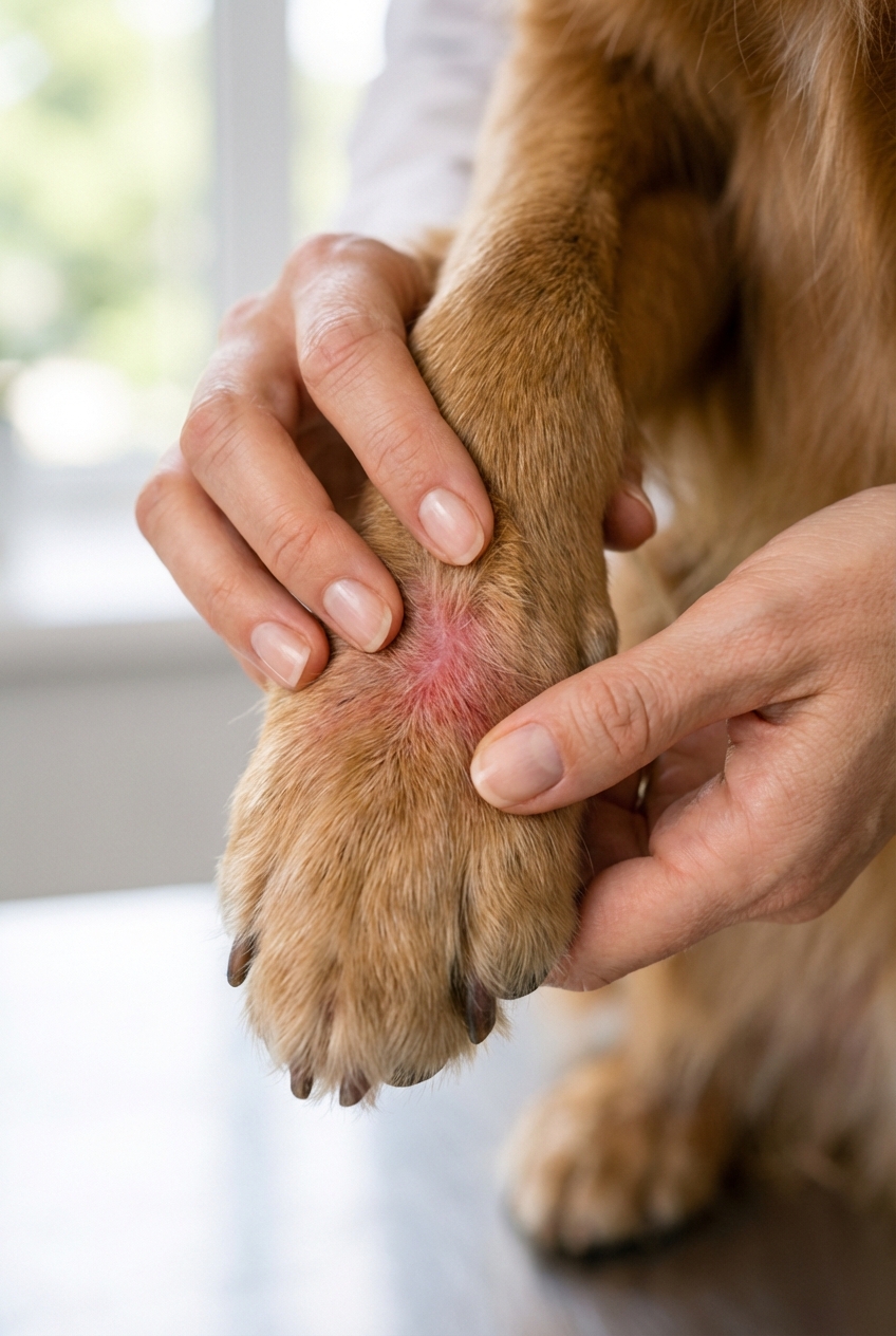 A real photograph of a dog paw held gently in a person’s hands with mild redness between the toes