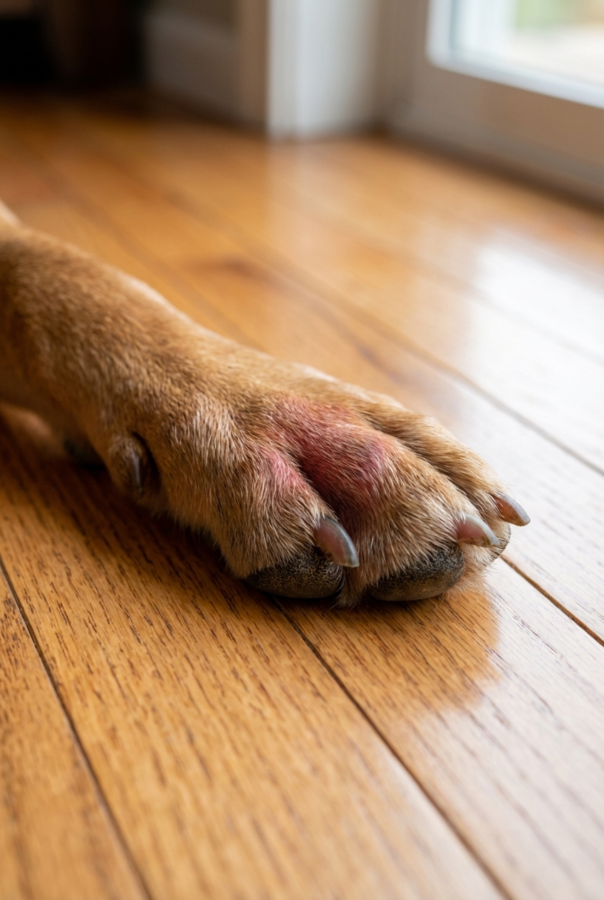 A real photograph of a dog paw with mild redness between the toes on a hardwood floor