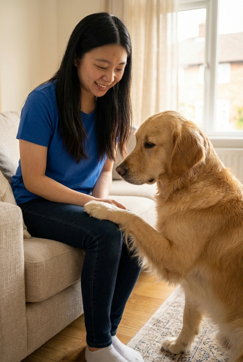 A real photograph of a dog placing a paw gently on a person’s knee while sitting indoors