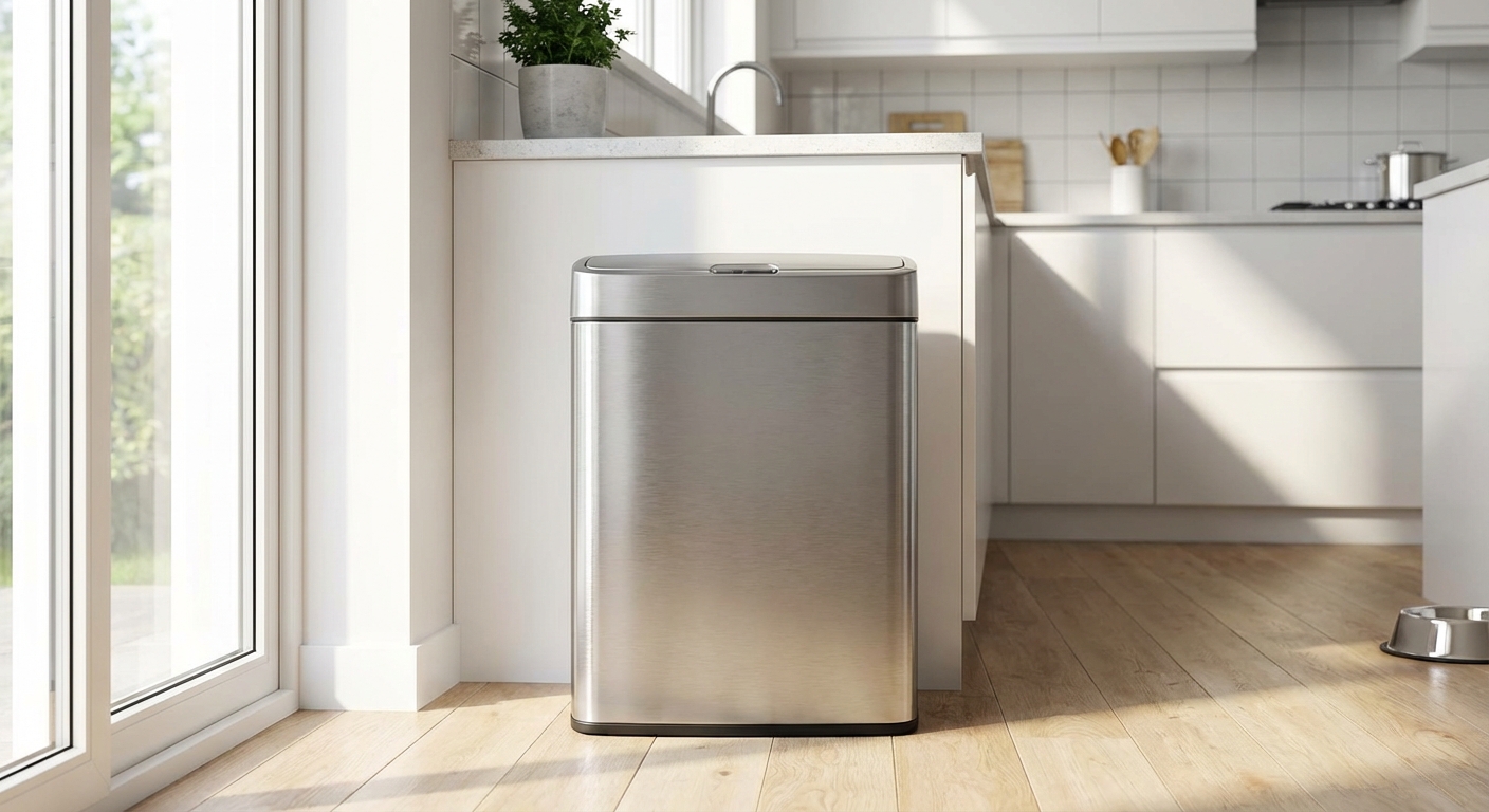 A real photograph of a dog-proof kitchen trash can with a closed lid in a bright kitchen