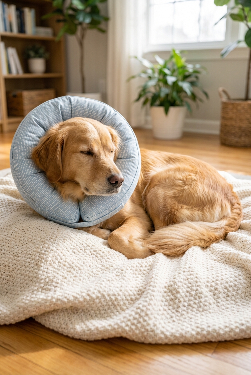 A real photograph of a dog resting comfortably on a clean blanket while wearing a soft recovery collar