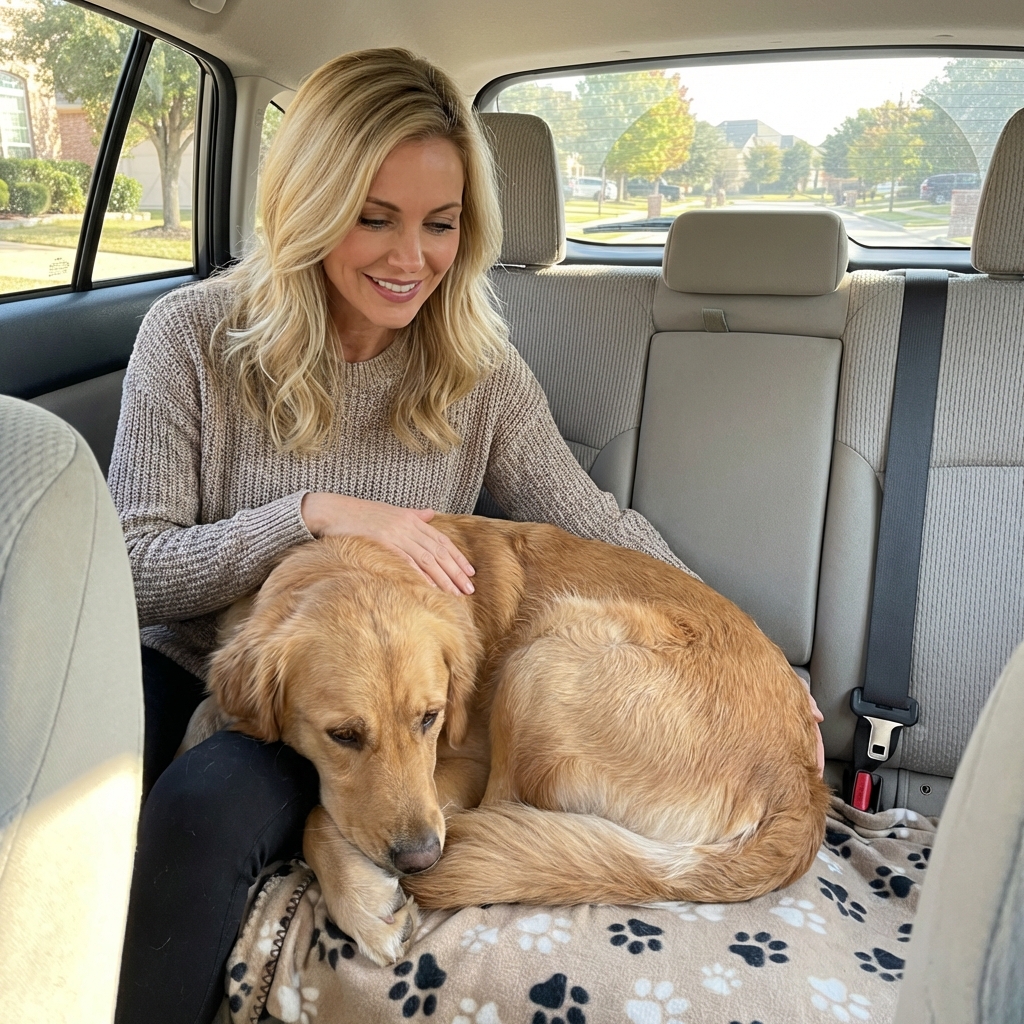A real photograph of a dog resting on a blanket in the back seat of a car while a person sits beside them with a hand gently placed on the dog