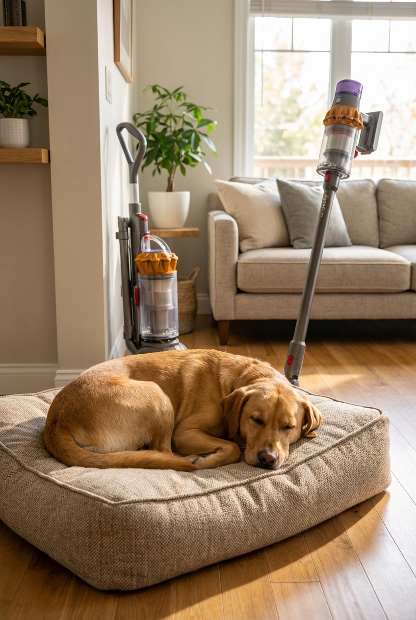 A real photograph of a dog resting on a fabric dog bed in a living room with a vacuum nearby