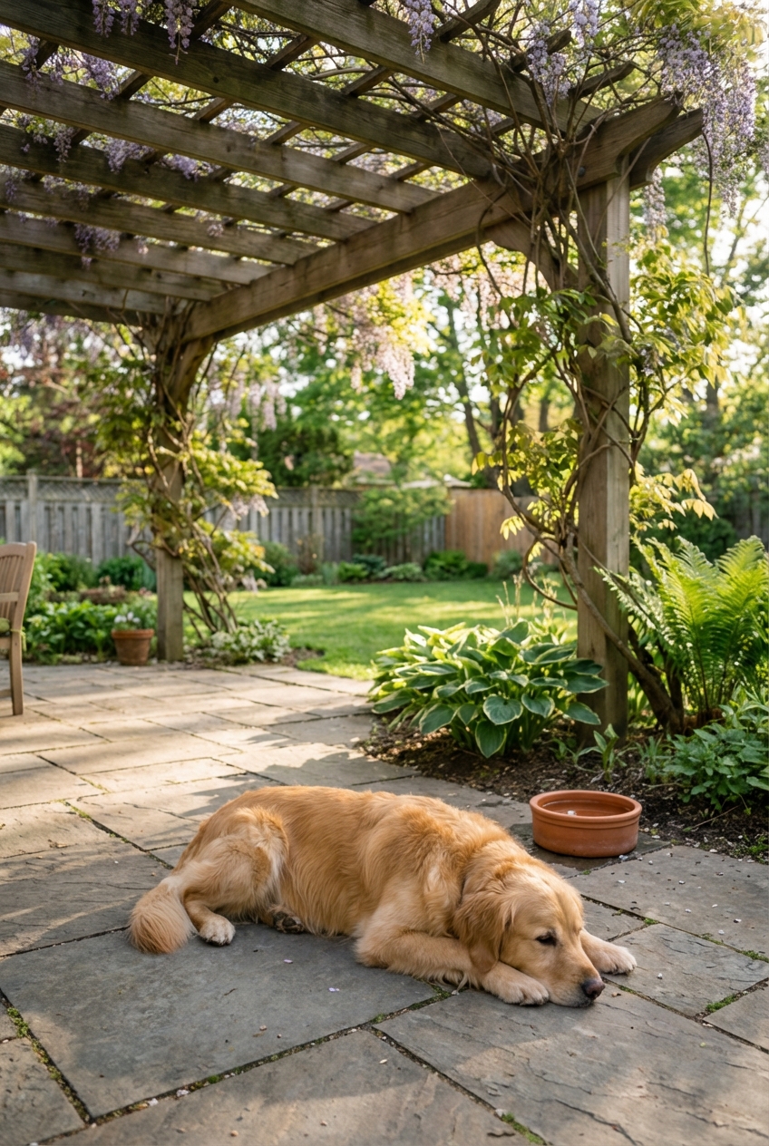A real photograph of a dog resting on a shaded patio area in a backyard
