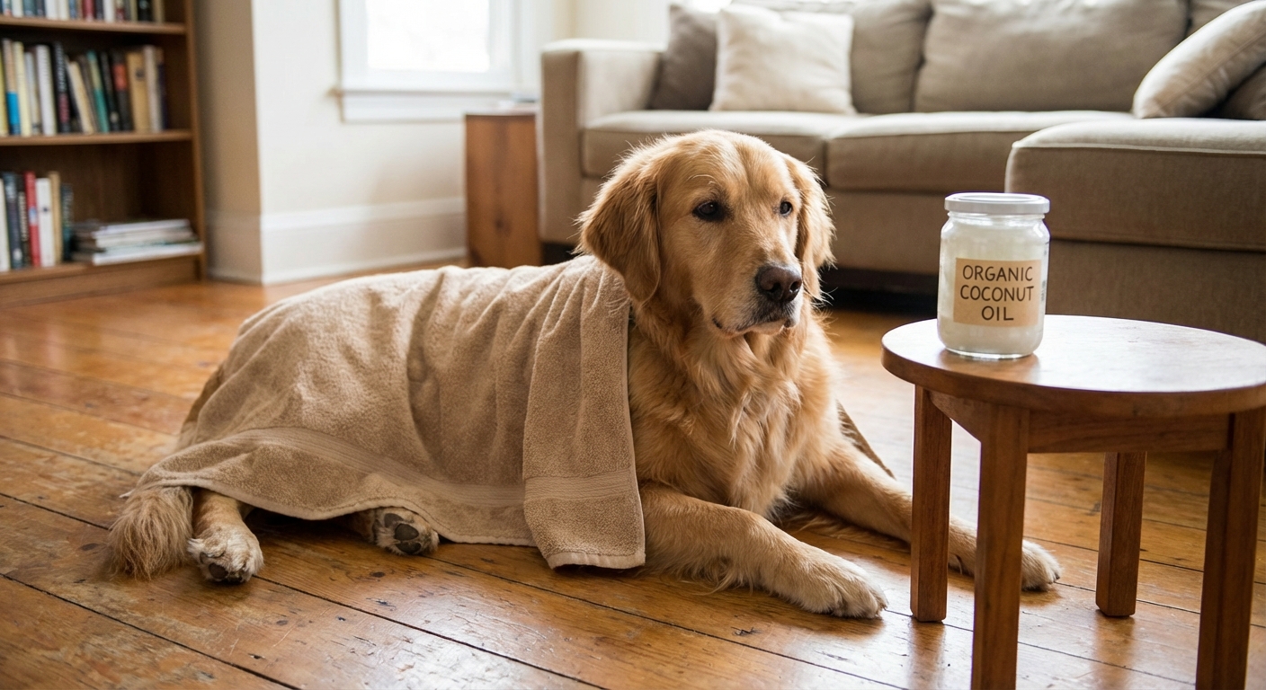 A real photograph of a dog resting on a towel while a small glass jar of coconut oil sits on a nearby table