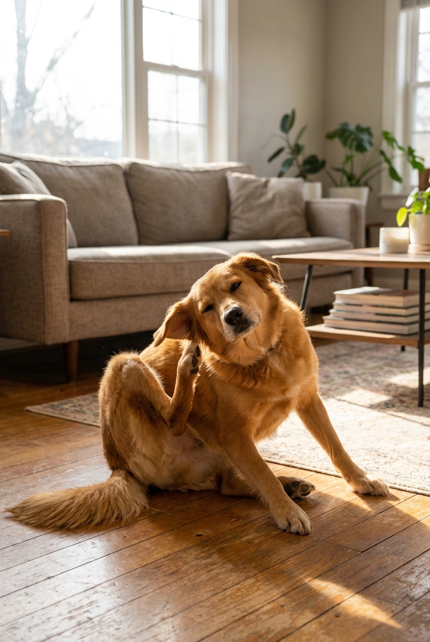 A real photograph of a dog scratching its ear while sitting on a living room floor