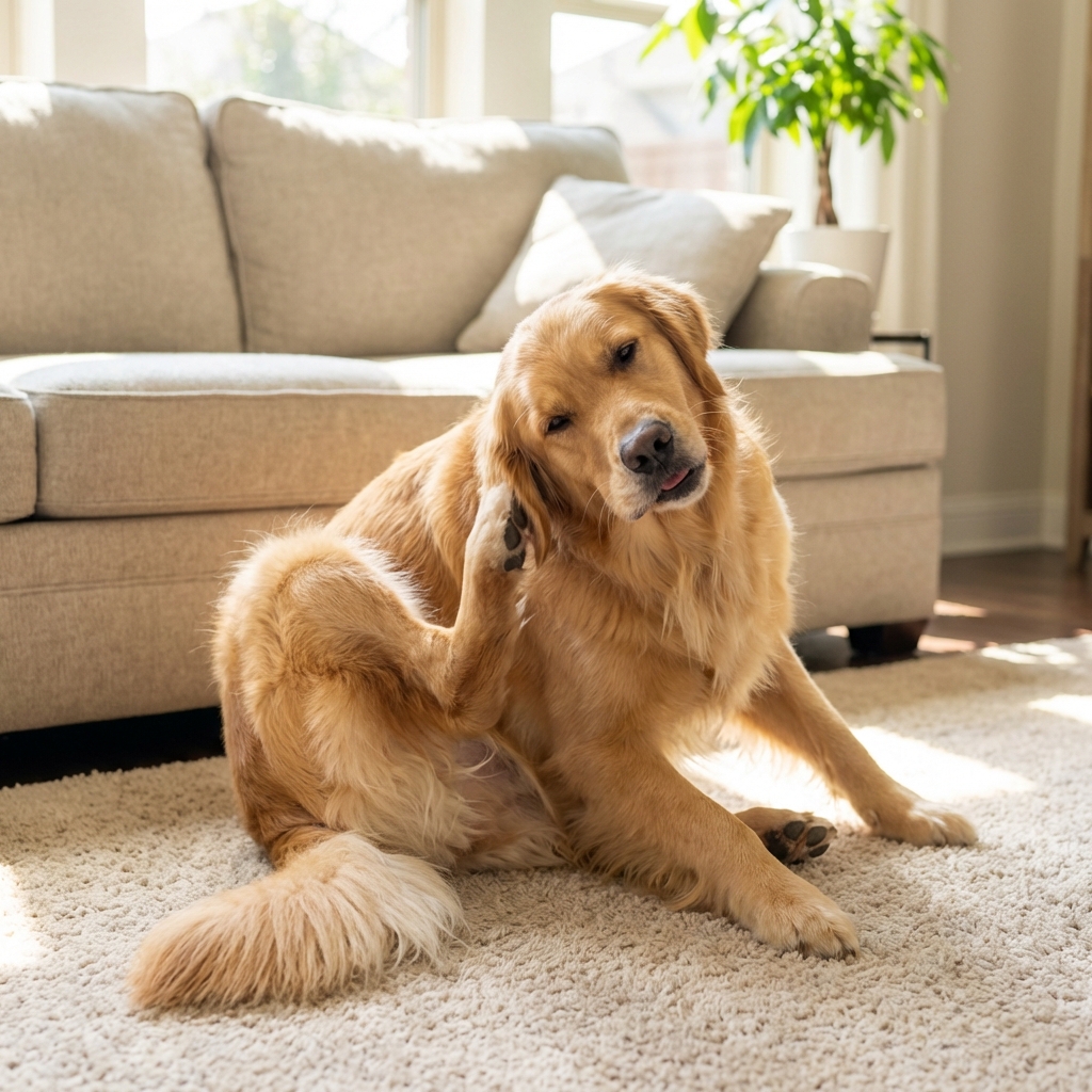 A real photograph of a dog scratching one ear with its back paw while sitting on a carpet