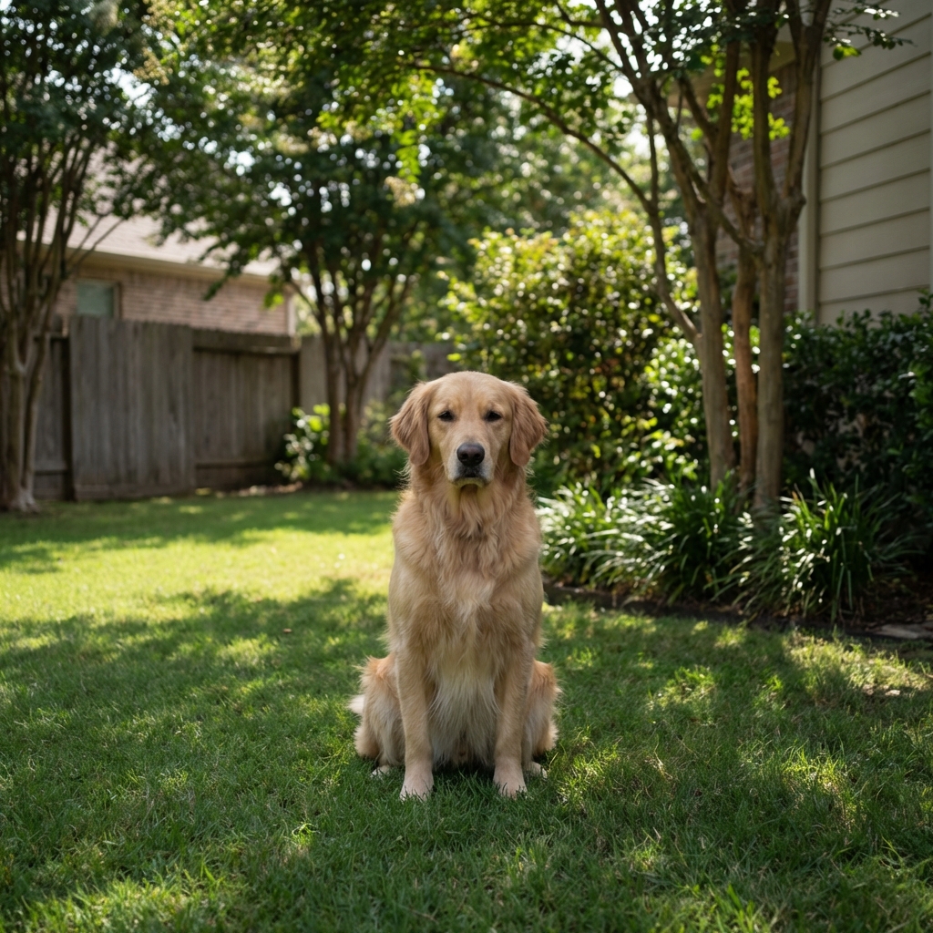 A real photograph of a dog sitting on a shaded patch of grass near shrubs in a suburban backyard