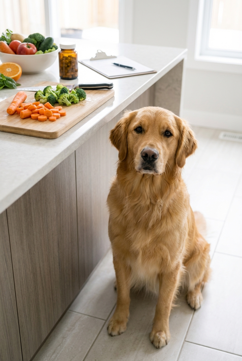 A real photograph of a dog sitting patiently beside a kitchen counter with a cutting board holding chopped carrots and broccoli
