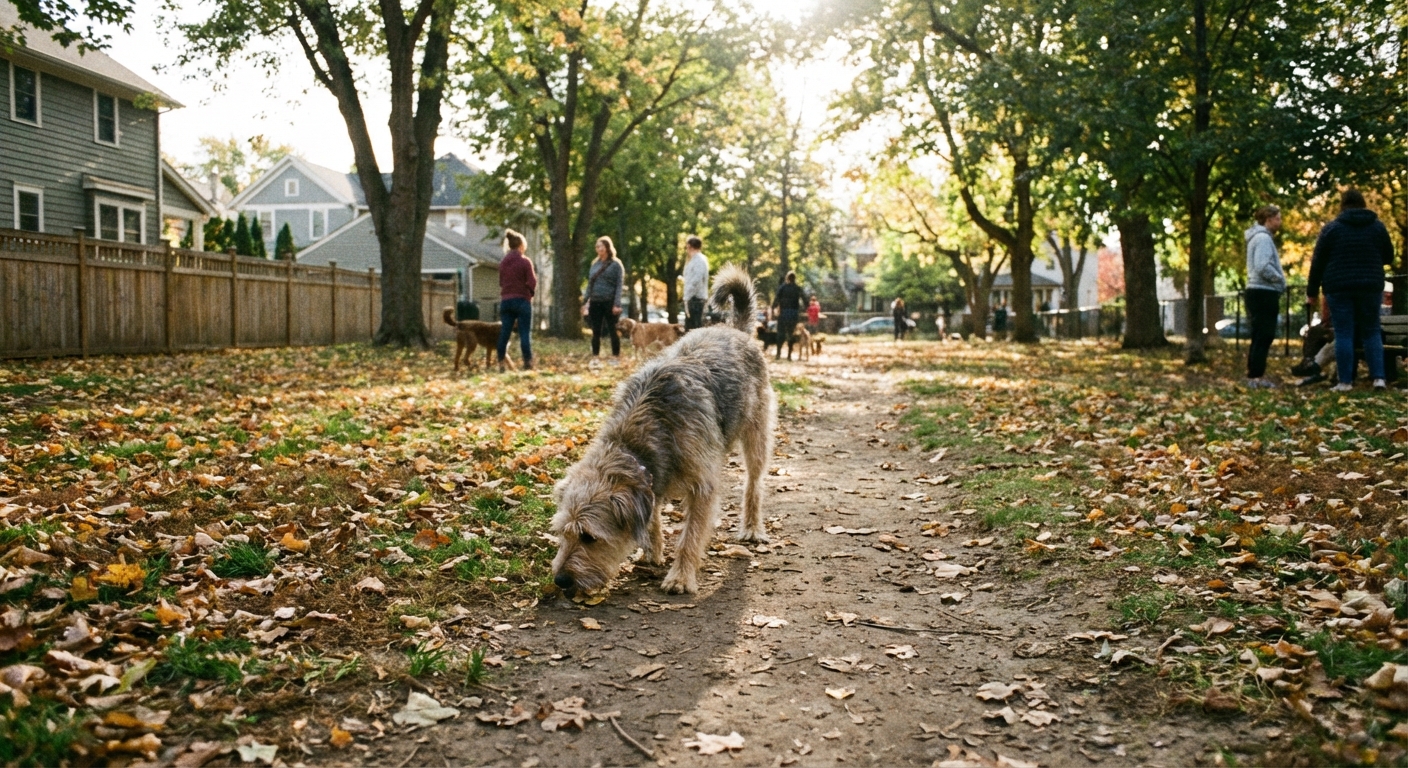 A real photograph of a dog sniffing along a dirt path in a neighborhood park