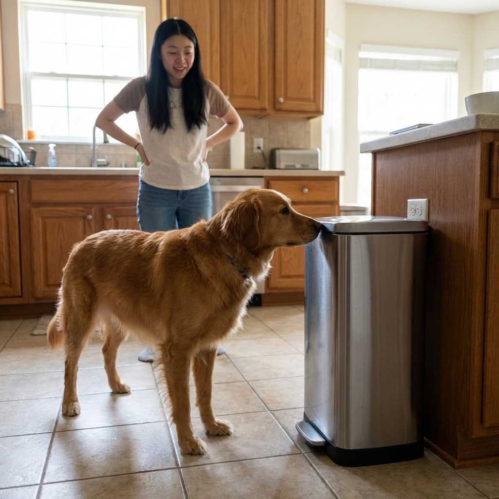A real photograph of a dog sniffing near a closed kitchen trash can while an owner watches