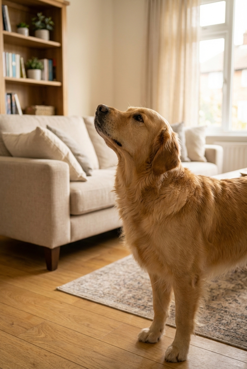 A real photograph of a dog sniffing the air with nose lifted while standing in a living room