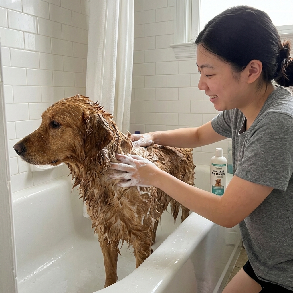 A real photograph of a dog standing in a bathtub while a person lathers medicated shampoo into the coat