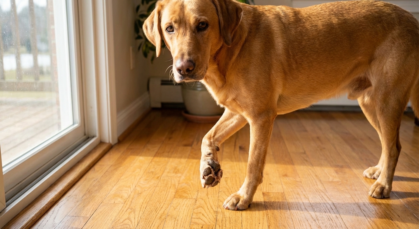A real photograph of a dog standing on a hardwood floor with one front paw lifted slightly, showing thickened rough paw pad texture visible on the lifted paw, natural window light