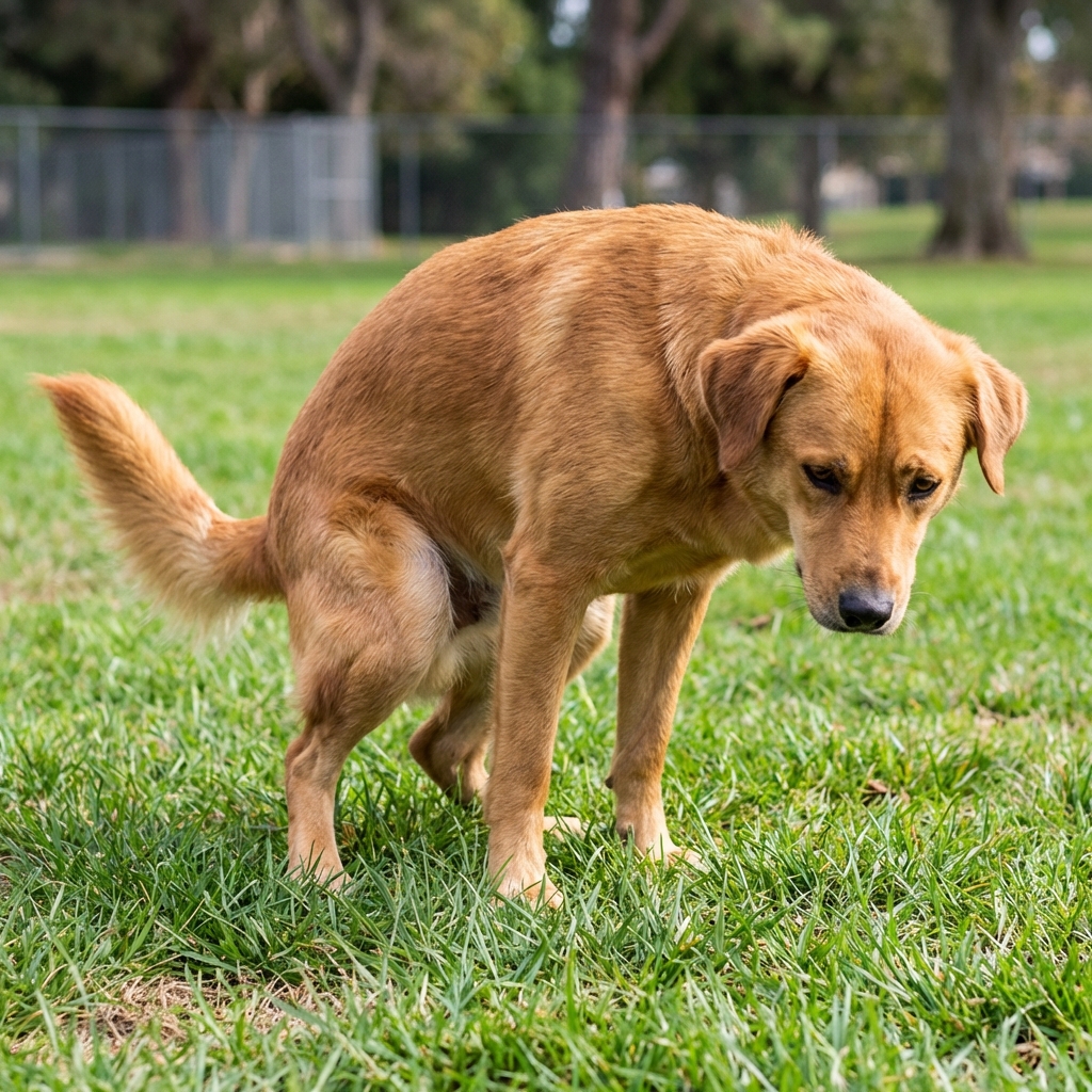 A real photograph of a dog standing on grass outdoors in a squatting posture as if trying to urinate