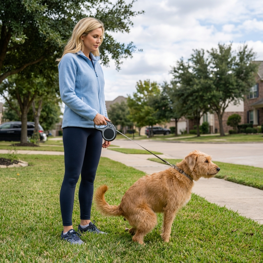 A real photograph of a dog standing on grass while a person holds a leash, suggesting a potty break