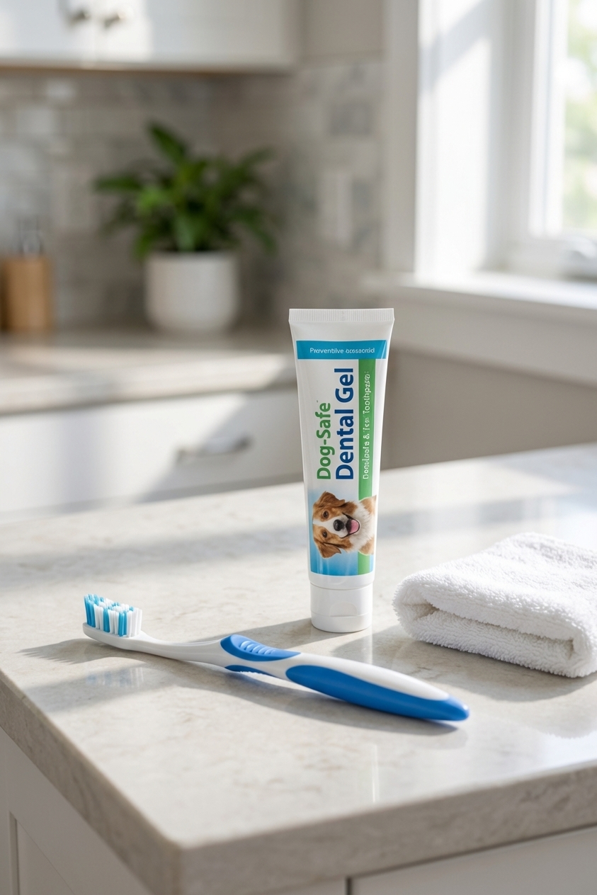 A real photograph of a dog toothbrush and a tube of dog-safe toothpaste on a countertop next to a small towel, clean simple setup with natural lighting