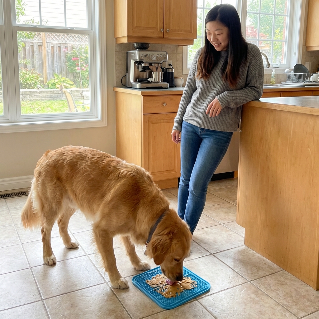 A real photograph of a dog using a silicone lick mat on a kitchen floor while a person stands nearby
