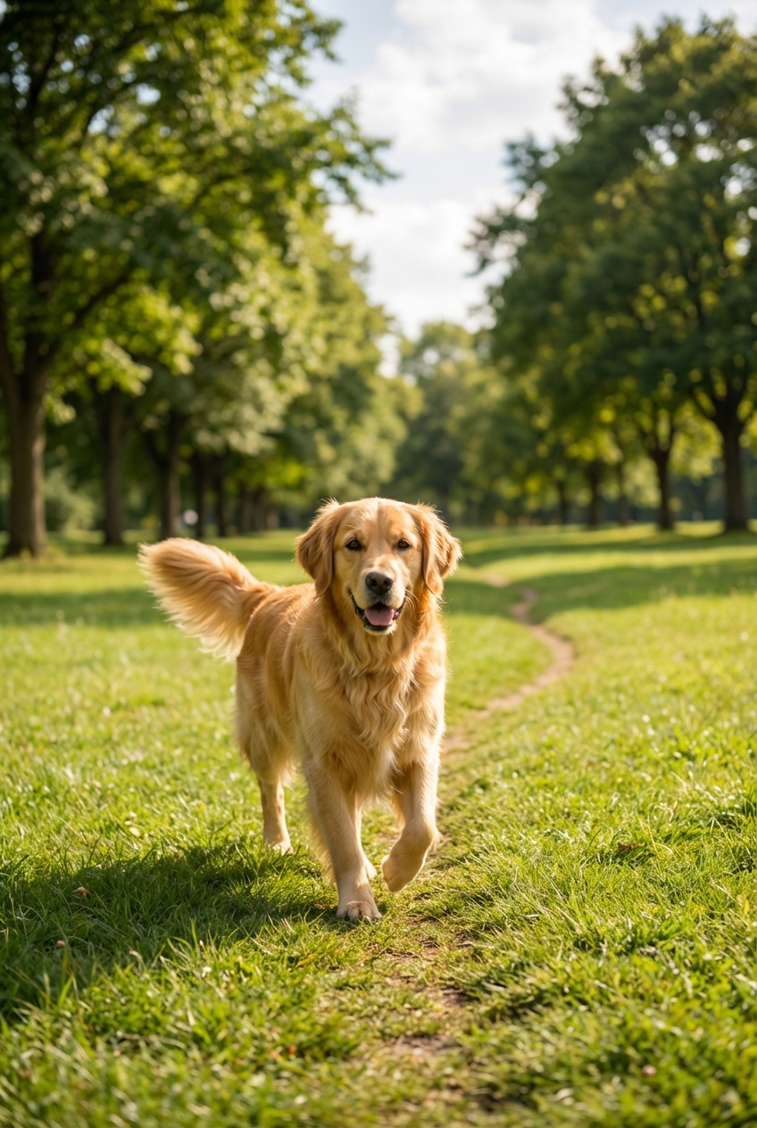 A real photograph of a dog walking on a short, well-maintained grassy path with trees in the background