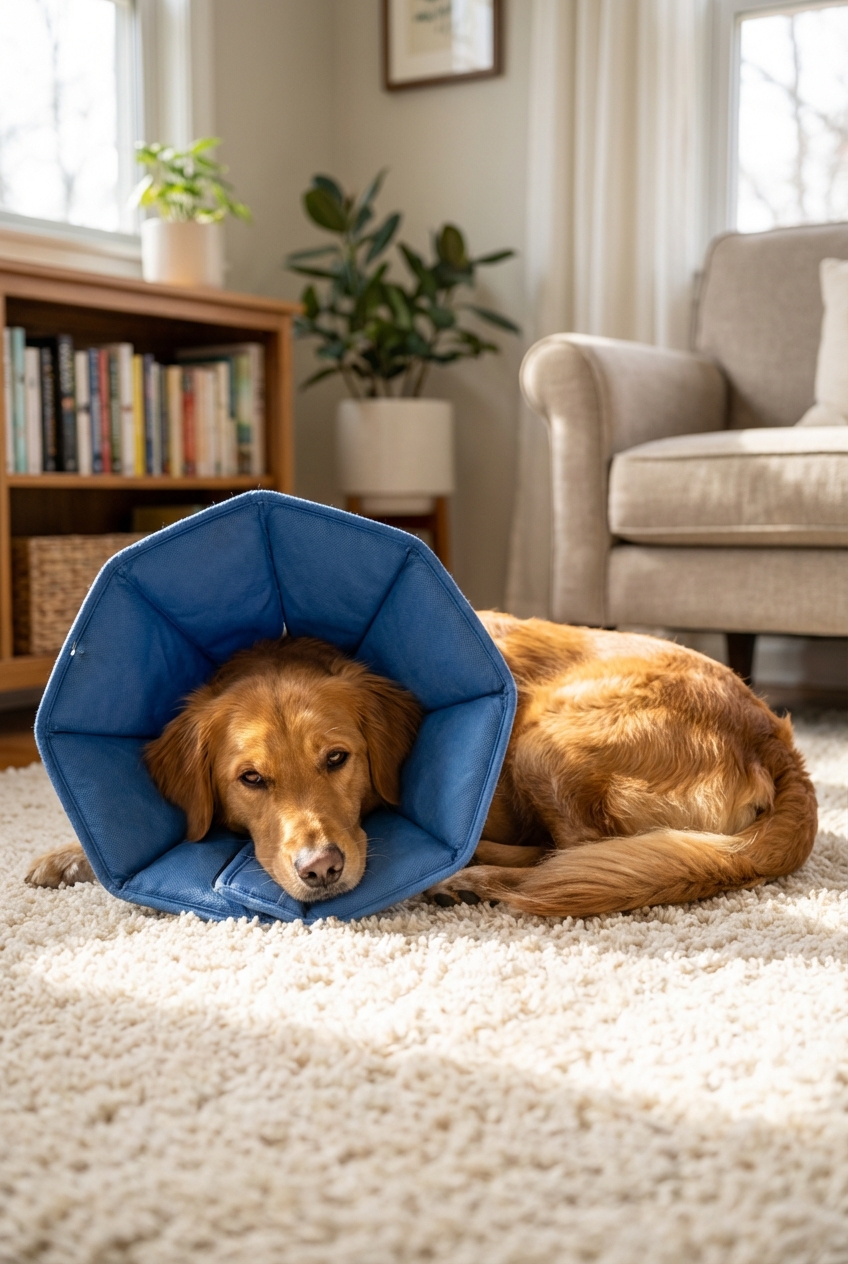 A real photograph of a dog wearing a soft recovery cone indoors while resting