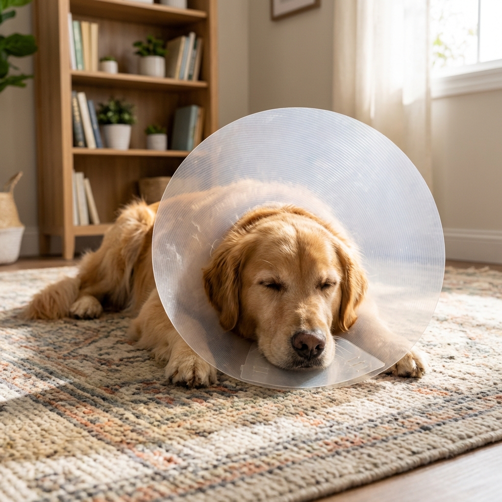 A real photograph of a dog wearing an Elizabethan collar while resting calmly on a living room rug