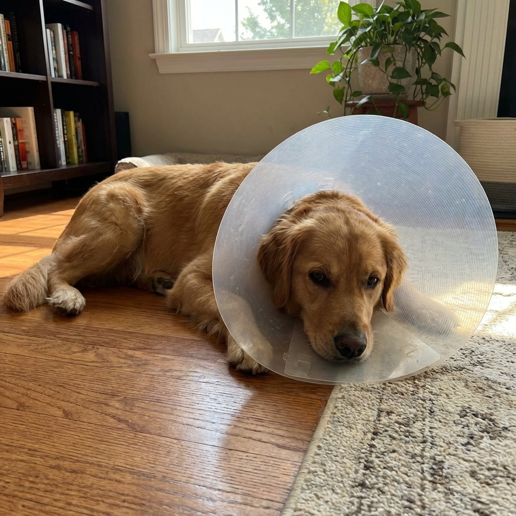 A real photograph of a dog wearing an Elizabethan collar while resting on a living room floor