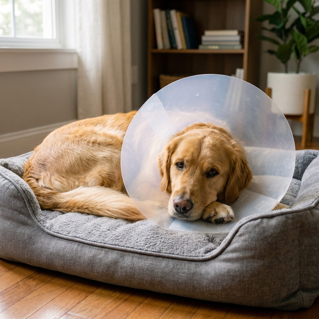 A real photograph of a dog wearing an Elizabethan collar resting on a dog bed at home