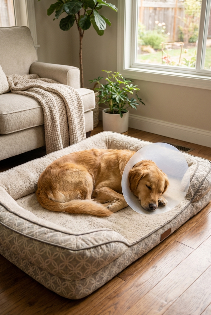 A real photograph of a dog wearing an e-collar at home resting on a dog bed
