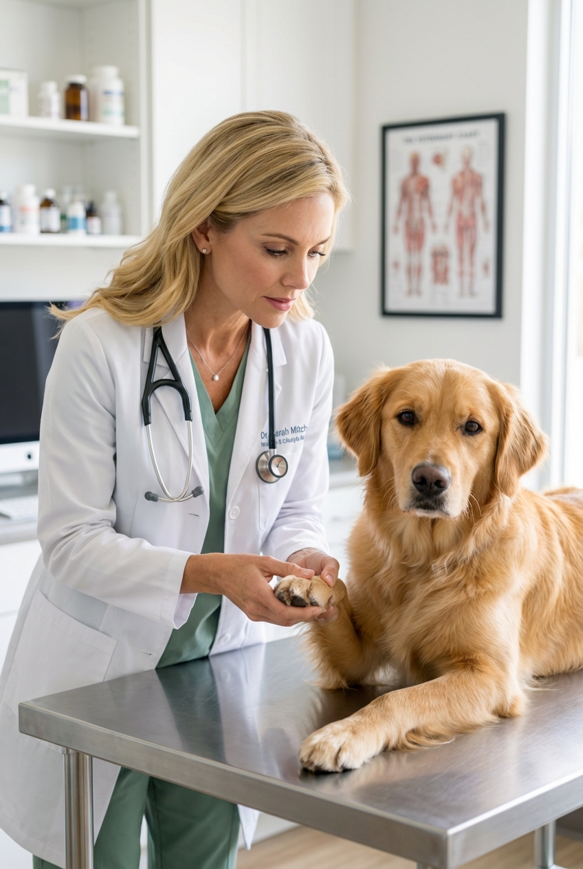 A real photograph of a dog’s paw being inspected by a veterinarian on an exam table