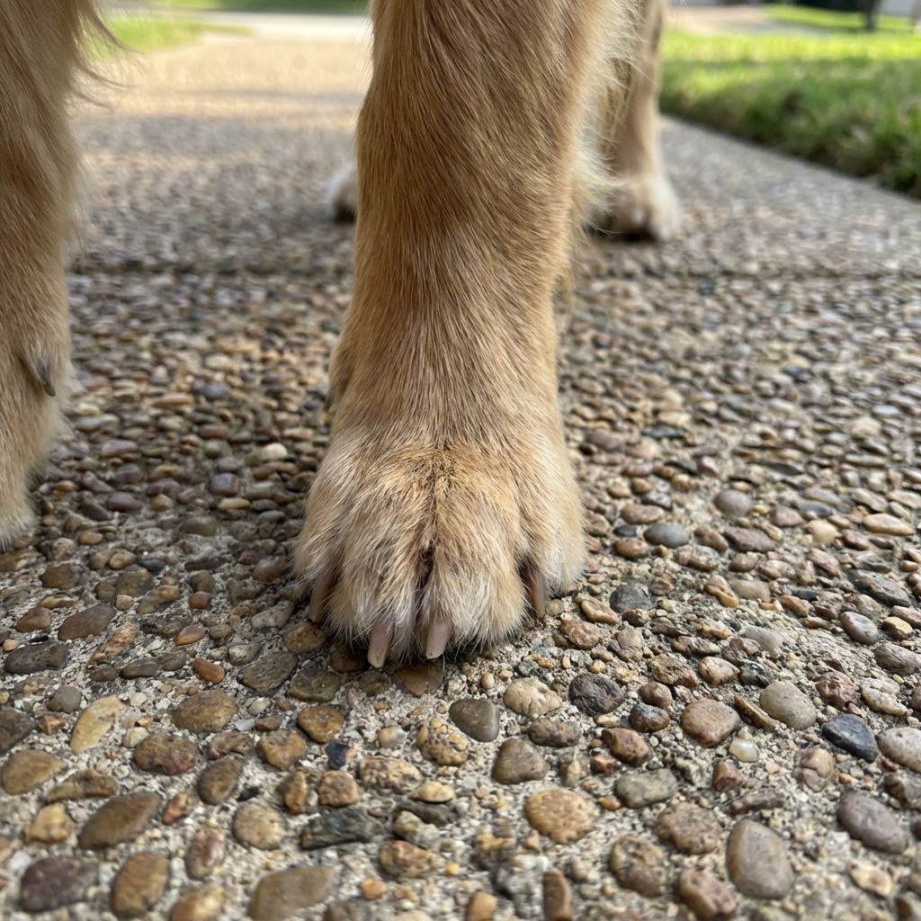 A real photograph of a dog's paw on a sidewalk with a small pebbled texture visible and the dog standing still
