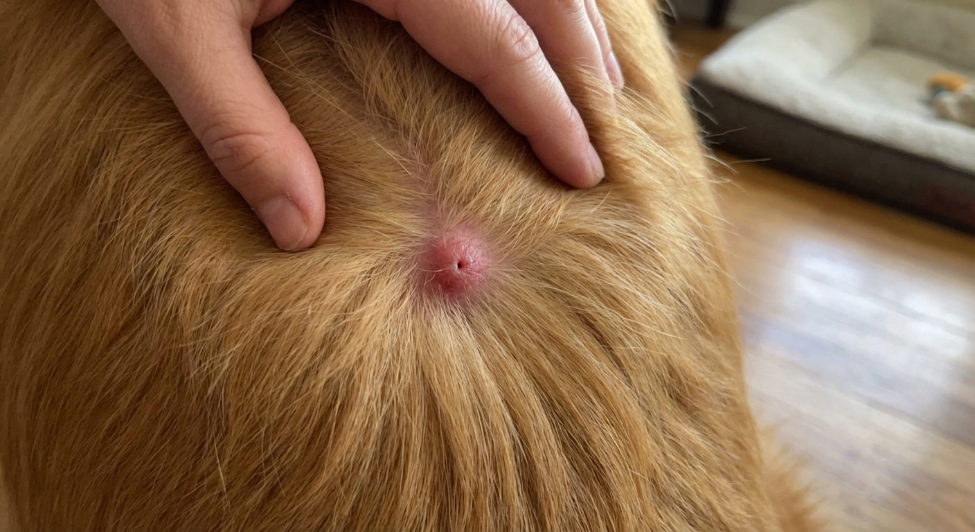 A real photograph of a dog’s shoulder area with fur parted, showing a small, mild red bump consistent with a recent tick bite