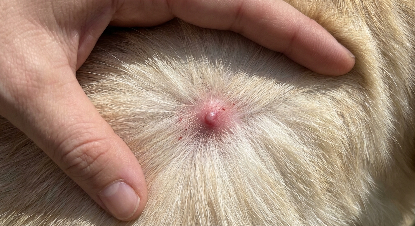 A real photograph of a dog’s skin with a small red bump and mild irritation where a tick may have been attached
