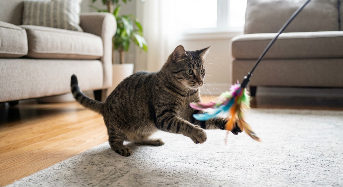 A real photograph of a domestic cat playing indoors with a feather wand toy on a living room floor