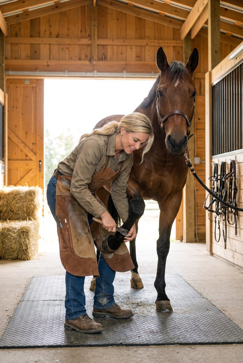 A real photograph of a farrier holding a horse’s front hoof during a trim in a barn aisle