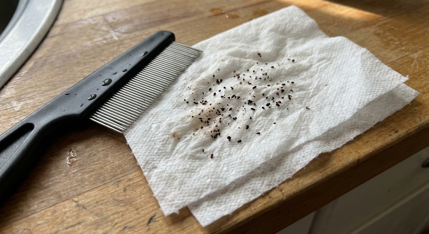 A real photograph of a flea comb next to a damp white paper towel with small dark specks