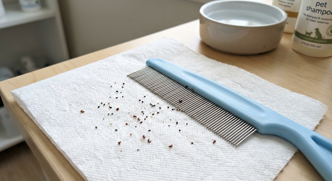 A real photograph of a flea comb next to a white paper towel with small dark specks