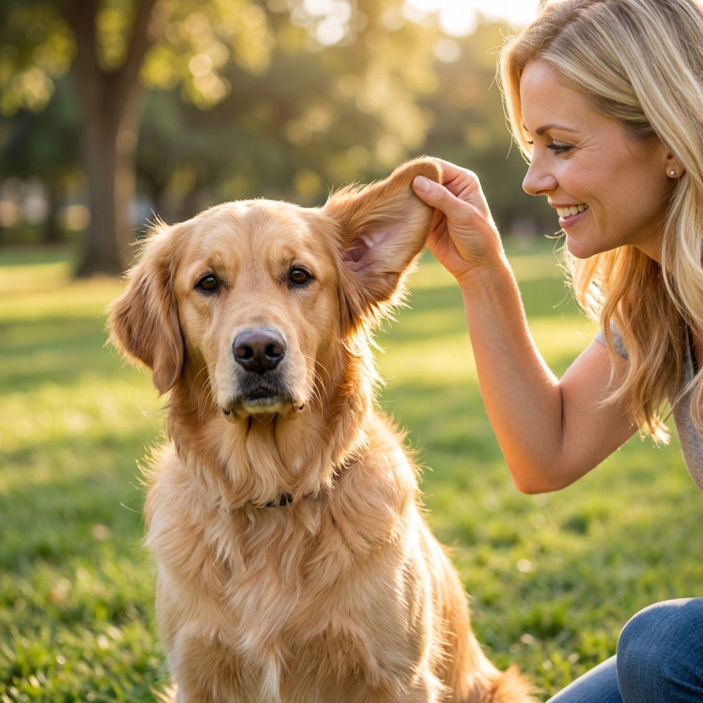A real photograph of a floppy-eared dog outdoors with its ear flap slightly lifted by the owner for a quick check