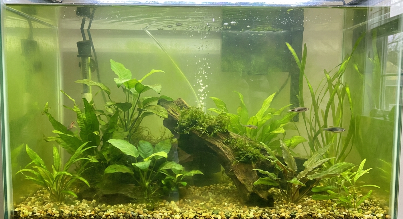 A real photograph of a freshwater aquarium with green-tinted water and aquarium plants visible
