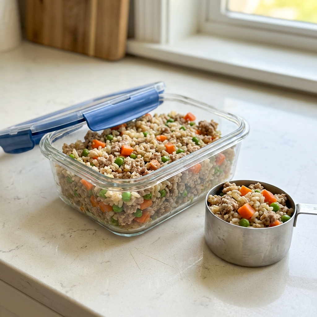 A real photograph of a glass food storage container filled with portioned homemade dog food next to a measuring cup on a kitchen counter