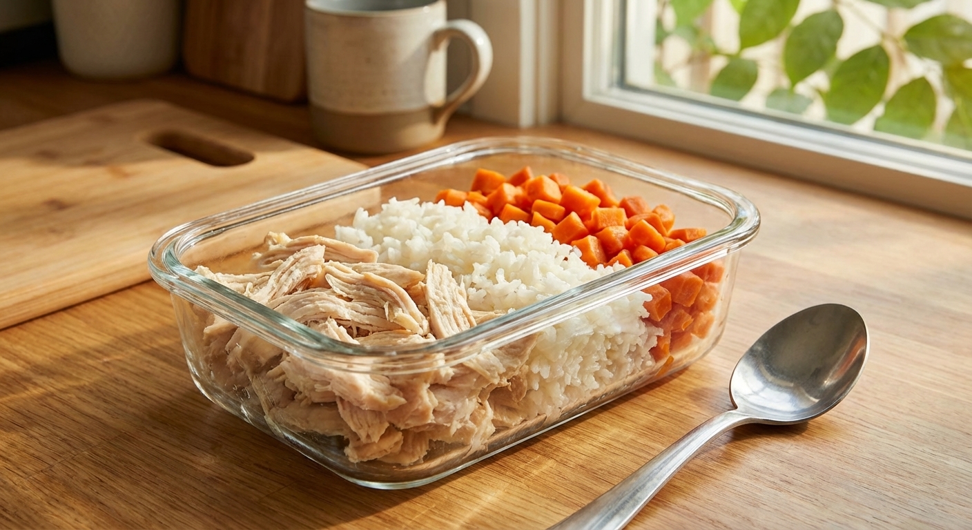 A real photograph of a glass meal prep container on a kitchen counter filled with shredded cooked chicken, cooked white rice, and small diced cooked carrots, with a spoon resting beside it, warm natural light