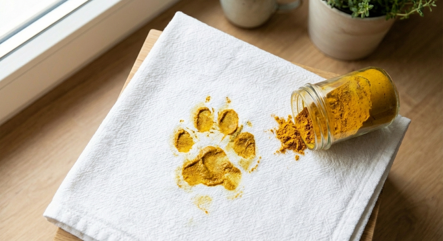 A real photograph of a golden-colored paw print on a white kitchen towel next to a tipped spice jar