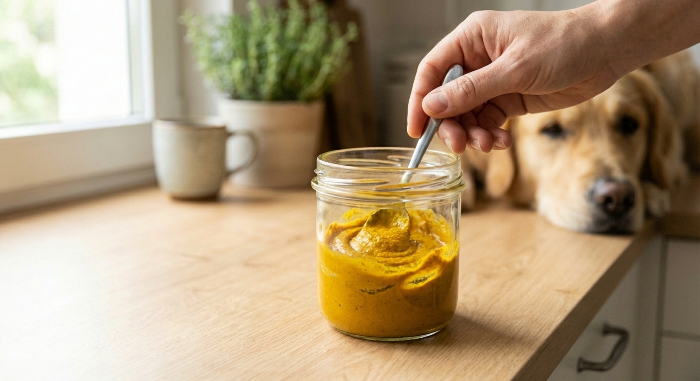 A real photograph of a golden paste being stirred in a small glass jar on a countertop
