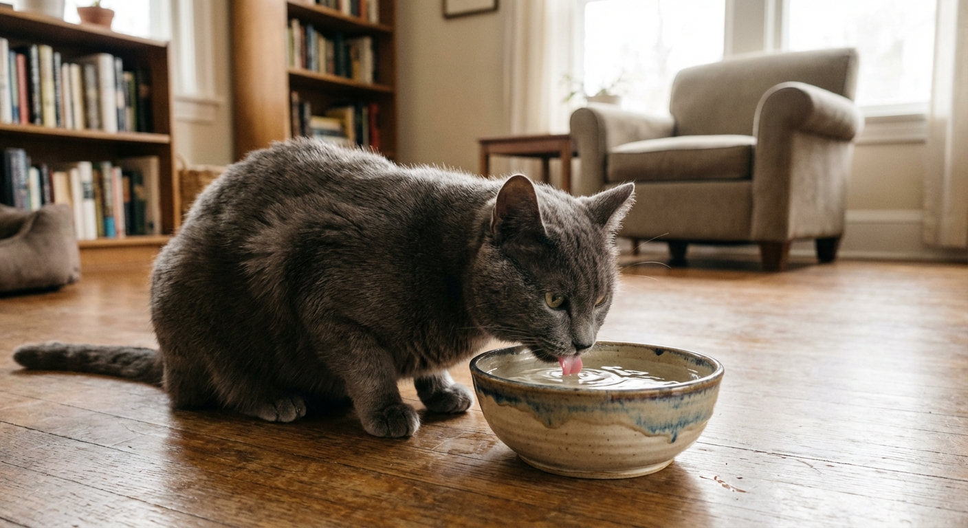 A real photograph of a gray cat drinking water from a ceramic bowl in a quiet room