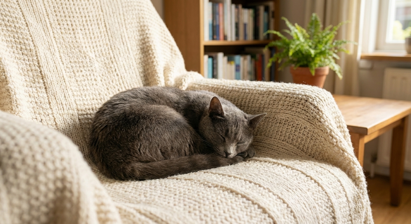 A real photograph of a gray cat resting curled up on a soft blanket in a quiet room