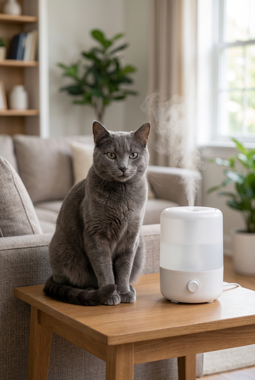 A real photograph of a gray cat sitting calmly near a small cool-mist humidifier in a living room