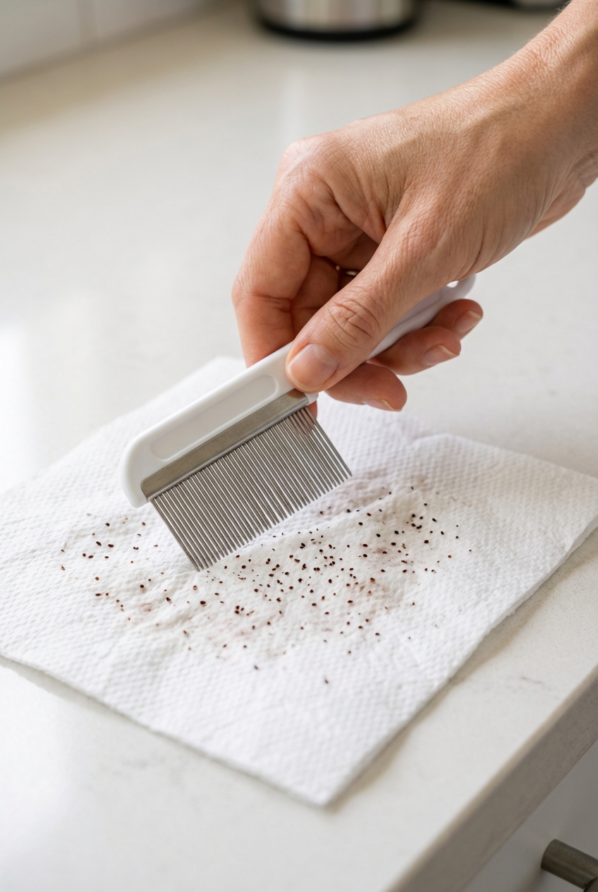 A real photograph of a hand holding a fine-toothed flea comb next to a white paper towel with tiny dark specks