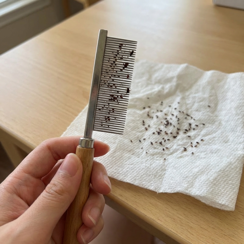 A real photograph of a hand holding a flea comb next to a white paper towel with small dark specks